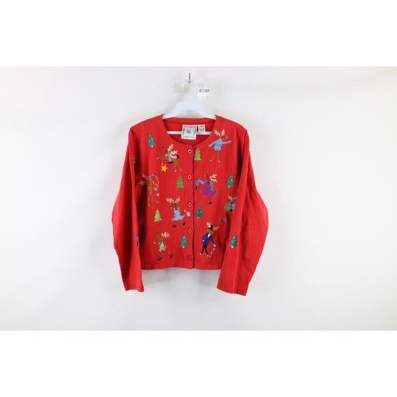 Vintage 90s Michael Simon Lite M Petite Christmas Reindeer Cardigan Sweater - Picture 1 of 9